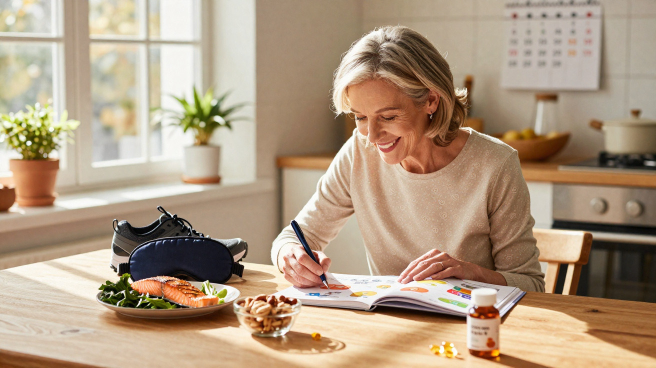 Mulher sorridente a fazer anotações em caderno com alimentos saudáveis e suplementos num ambiente luminoso.