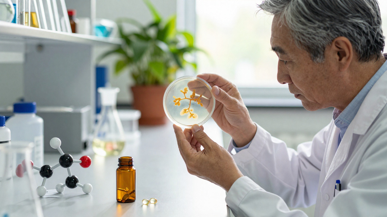 Cientista examina placa de Petri com cultura de fungos num laboratório moderno.