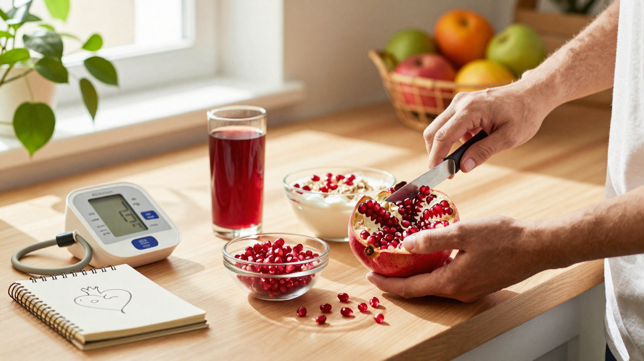 Pessoa a cortar romã em cozinha, com suco de romã, caderno com desenho de coração e medidor de pressão arterial na mesa.